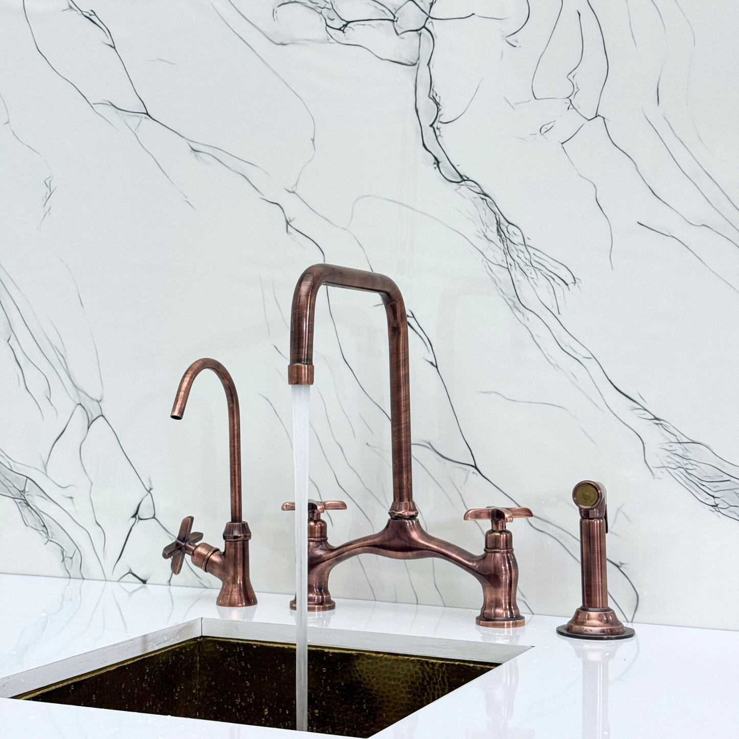 Antique Copper Vintage Bridge Kitchen Faucet with Sprayer, Drinking Water Tap and Cross Handles