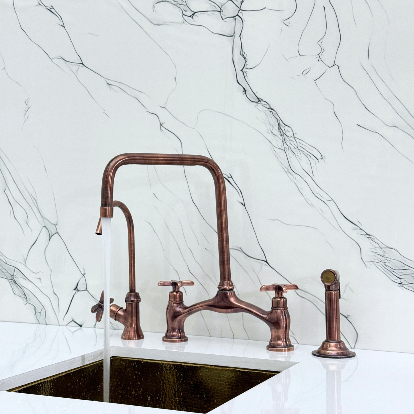 Antique Copper Vintage Bridge Kitchen Faucet with Sprayer, Drinking Water Tap and Cross Handles