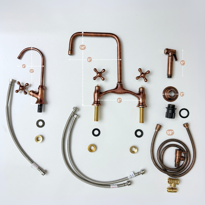 Antique Copper Vintage Bridge Kitchen Faucet with Sprayer, Drinking Water Tap and Cross Handles