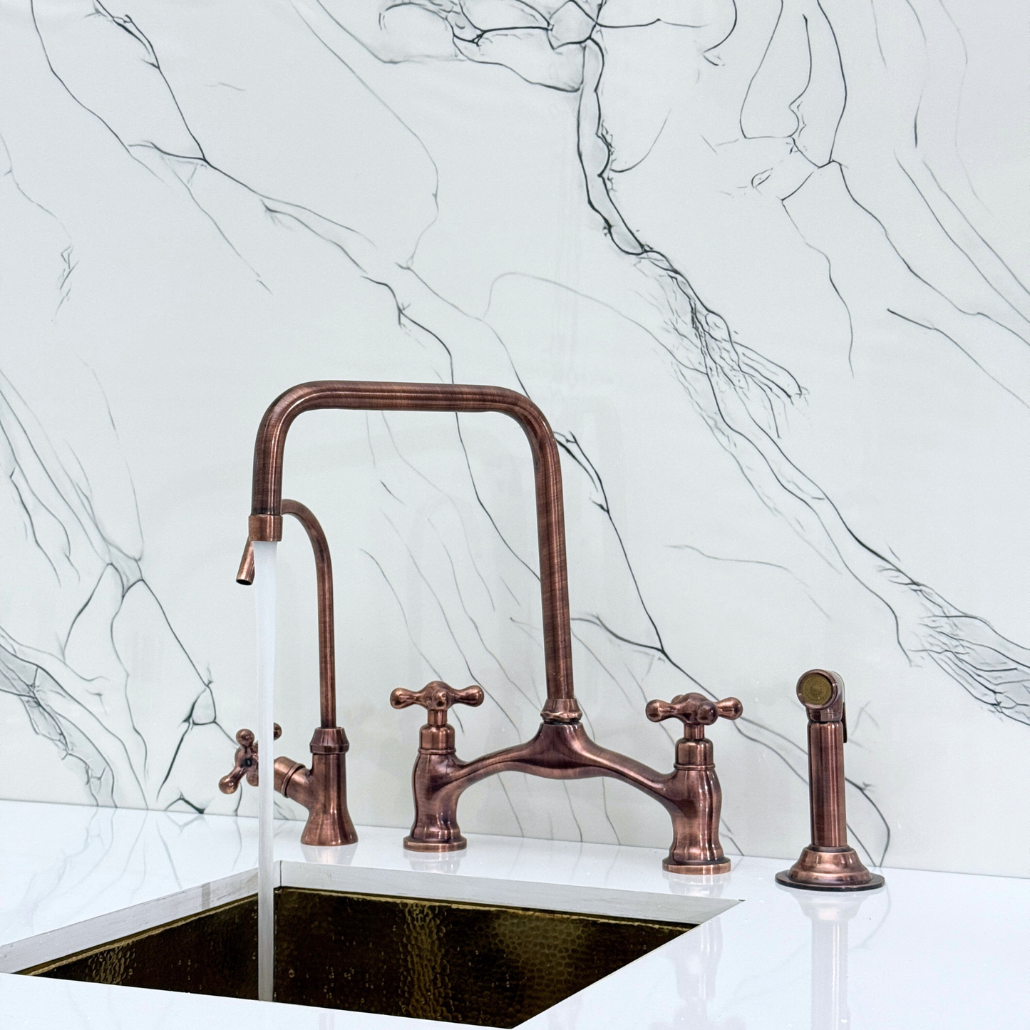 Antique Copper Vintage Bridge Kitchen Faucet with Sprayer, Drinking Water Tap and Cross Handles