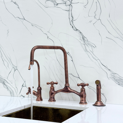 Antique Copper Vintage Bridge Kitchen Faucet with Sprayer, Drinking Water Tap and Cross Handles