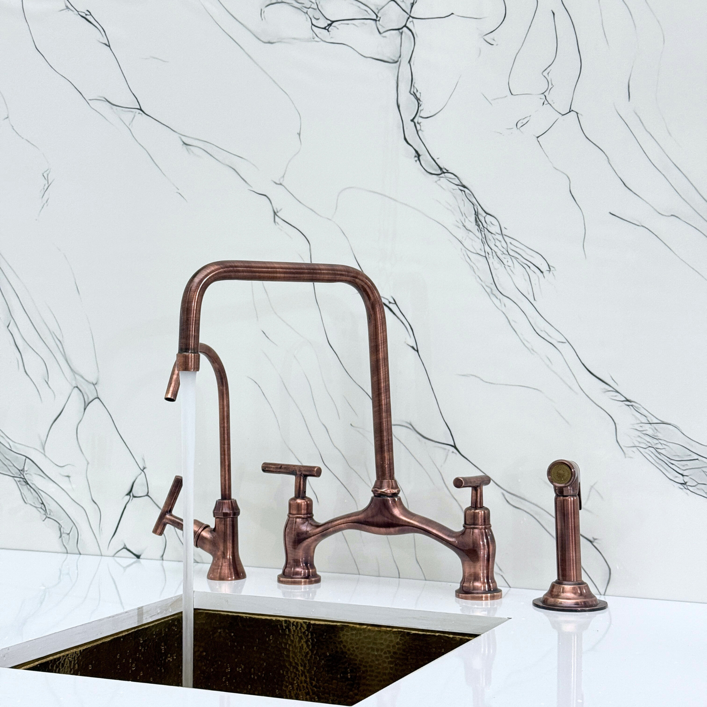 Antique Copper Vintage Bridge Kitchen Faucet with Sprayer, Drinking Water Tap and Lever Handles