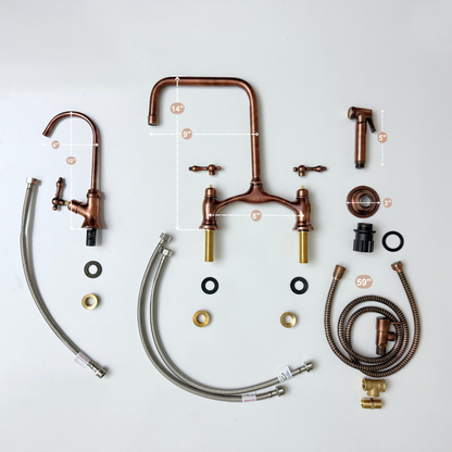 Antique Copper Vintage Bridge Kitchen Faucet with Sprayer, Drinking Water Tap and Lever Handles