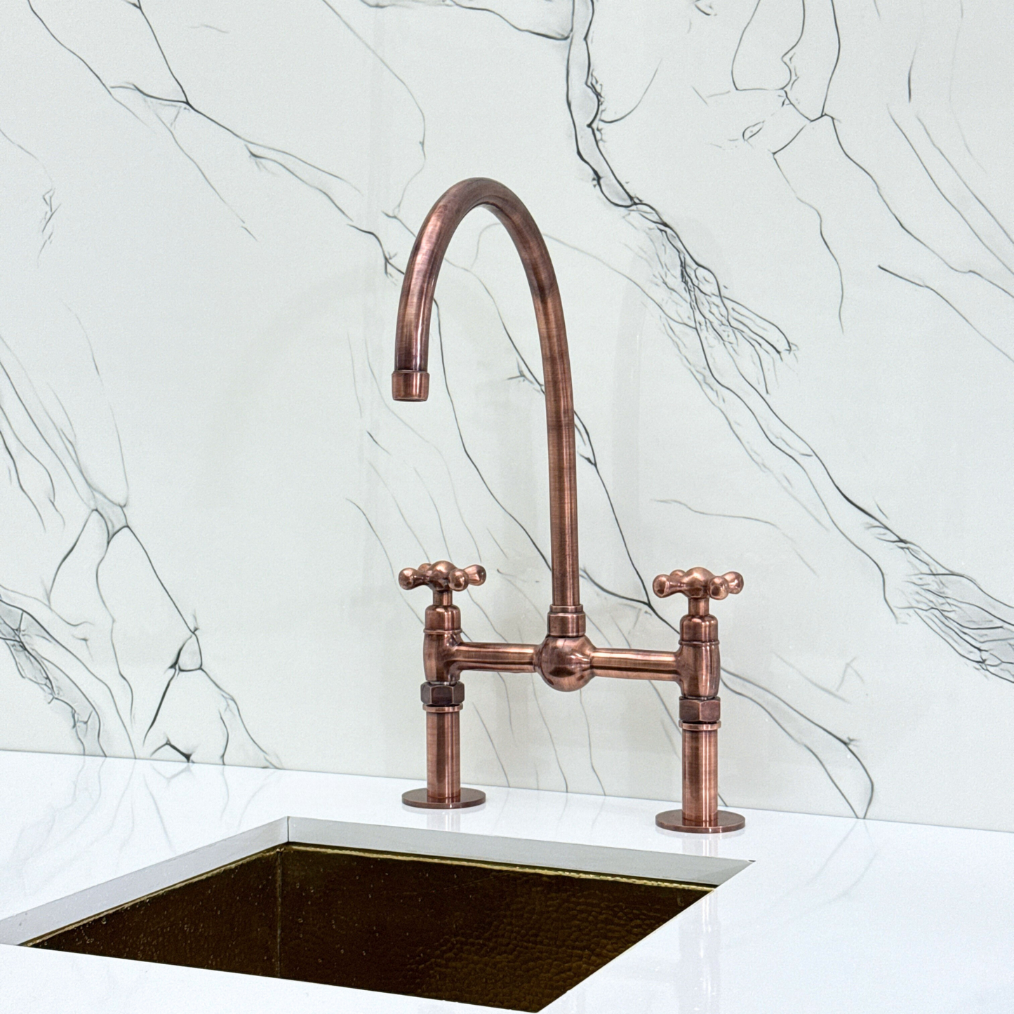 Antique Copper Bridge Faucet with Sprayer, Cold Water Faucet, Straight Legs and Cross Handles