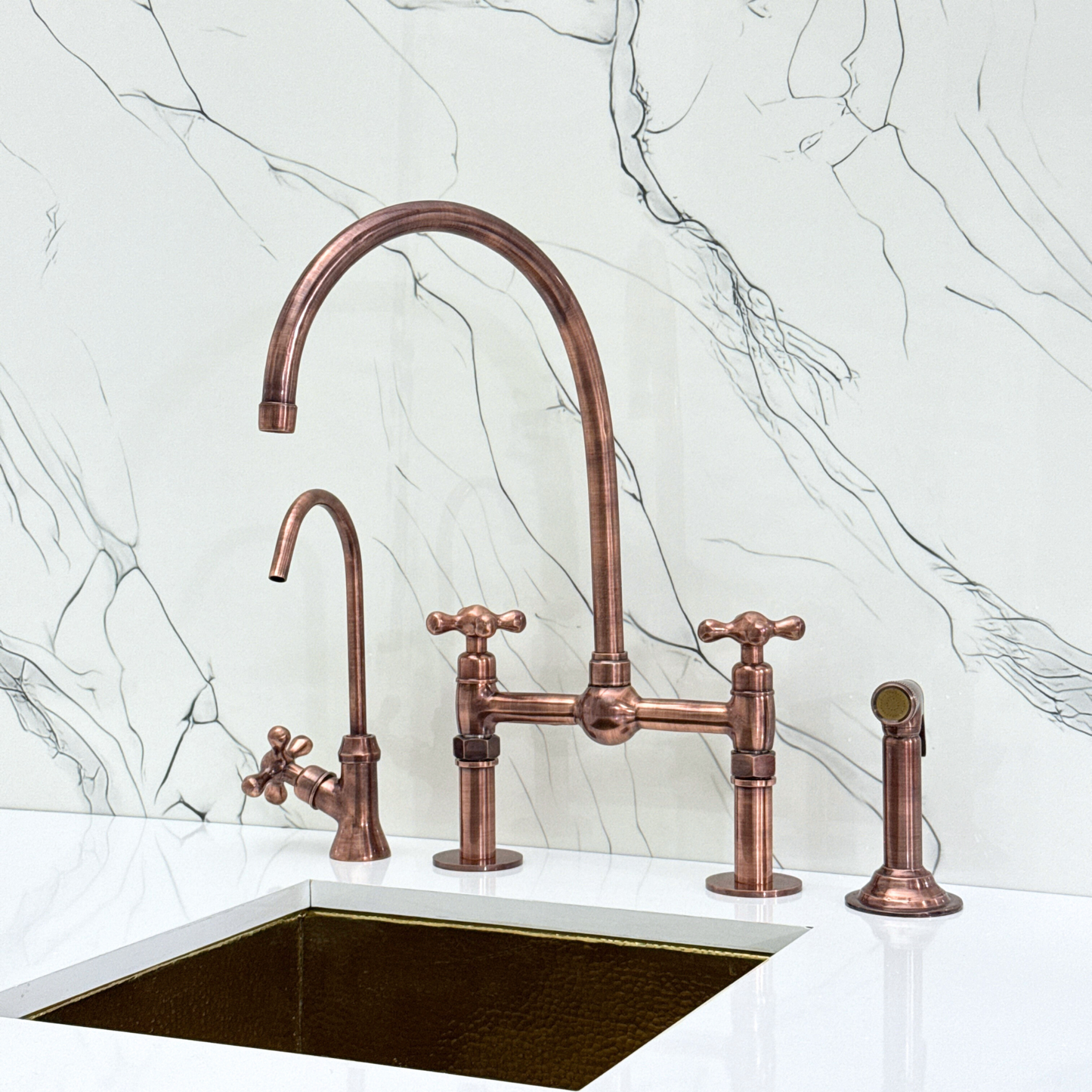 Antique Copper Bridge Faucet with Sprayer, Cold Water Faucet, Straight Legs and Cross Handles