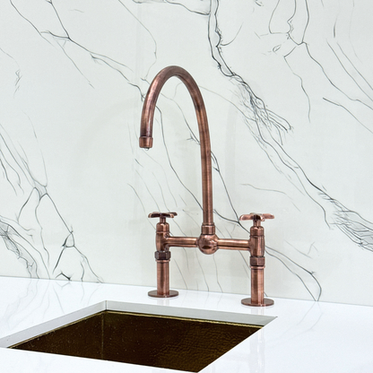 Antique Copper Bridge Faucet with Sprayer, Cold Water Faucet, Straight Legs and Cross Handles