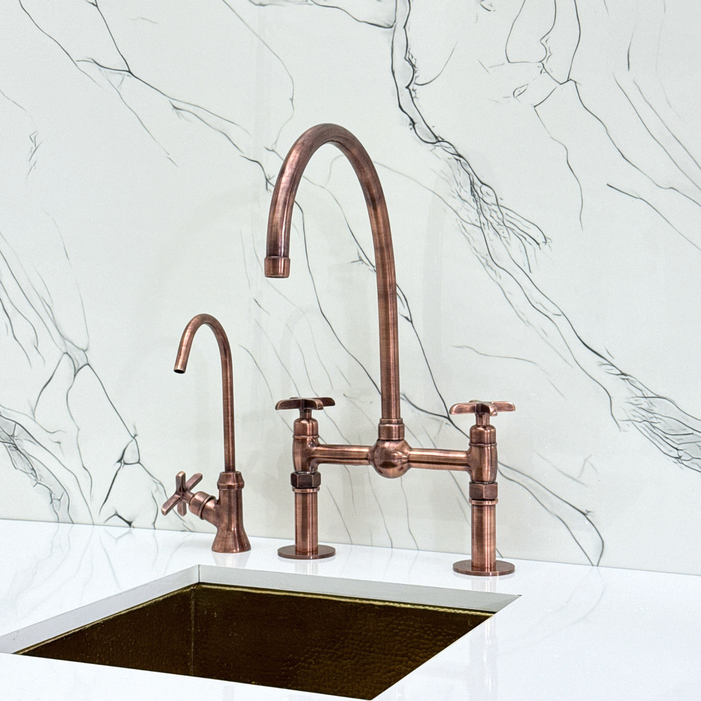 Antique Copper Bridge Faucet with Sprayer, Cold Water Faucet, Straight Legs and Cross Handles