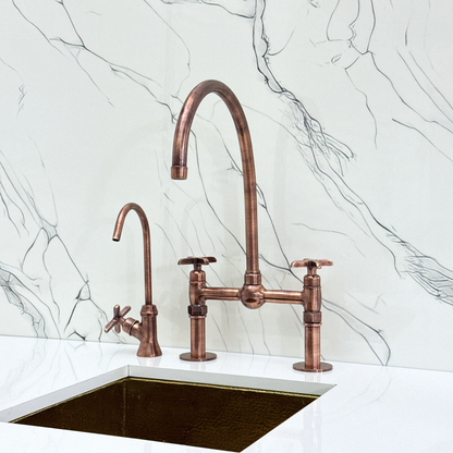 Antique Copper Bridge Faucet with Sprayer, Cold Water Faucet, Straight Legs and Cross Handles