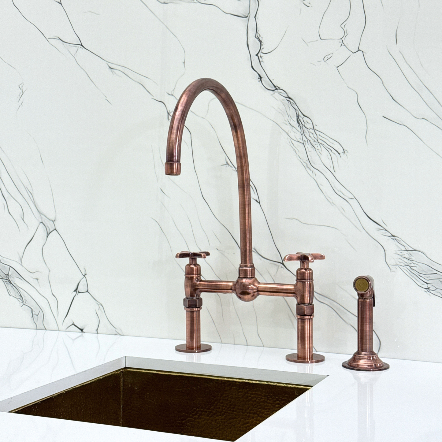 Antique Copper Bridge Faucet with Sprayer, Cold Water Faucet, Straight Legs and Cross Handles