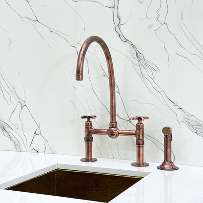 Antique Copper Bridge Faucet with Sprayer, Cold Water Faucet, Straight Legs and Cross Handles