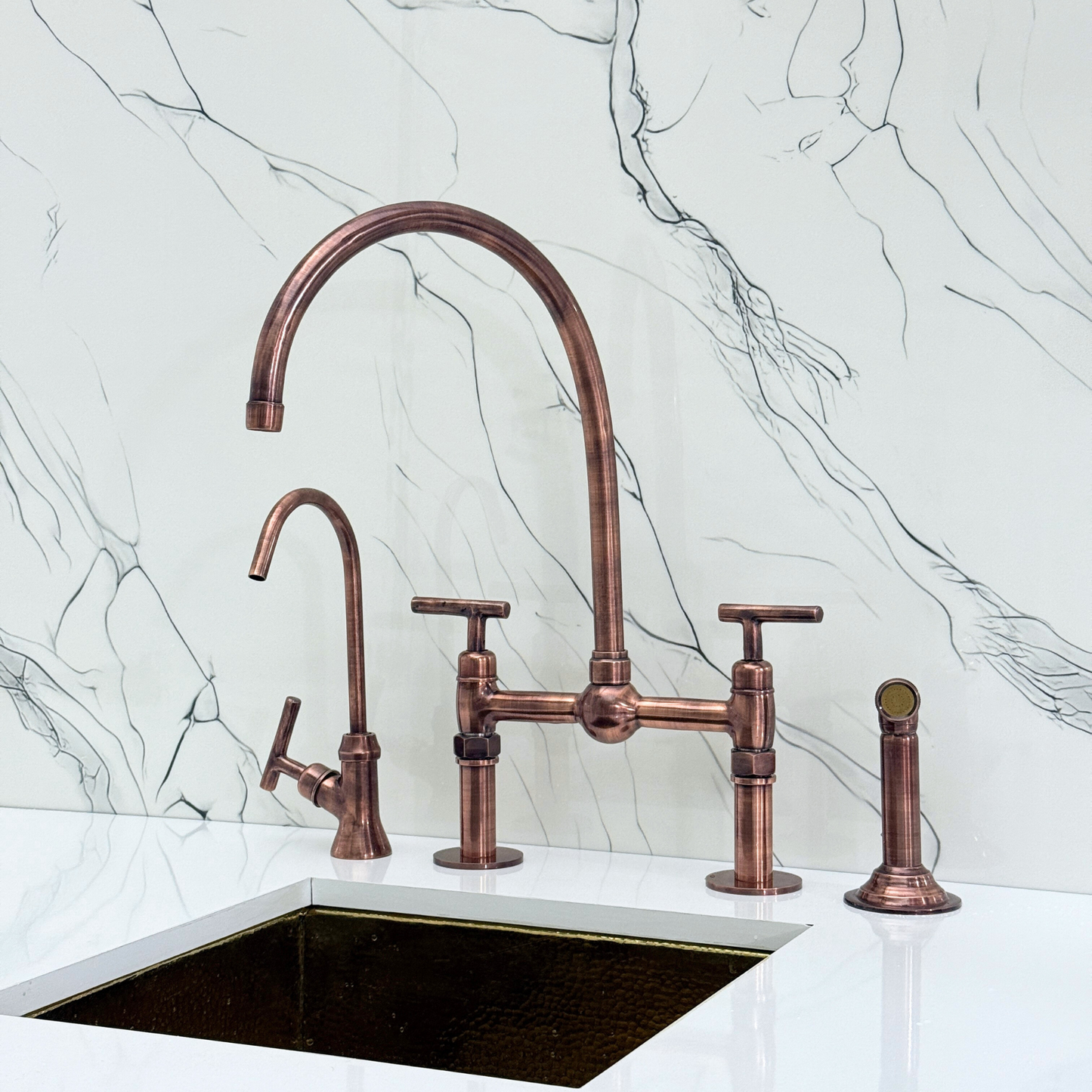 Antique Copper Bridge Faucet with Sprayer, Cold Water Faucet, Straight Legs and Lever Handles