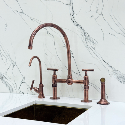 Antique Copper Bridge Faucet with Sprayer, Cold Water Faucet, Straight Legs and Lever Handles