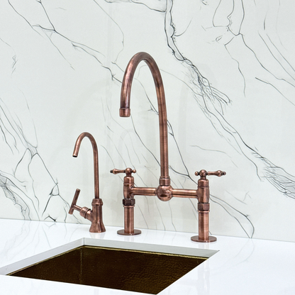 Antique Copper Bridge Faucet with Sprayer, Cold Water Faucet, Straight Legs and Lever Handles