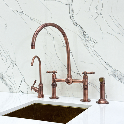 Antique Copper Bridge Faucet with Sprayer, Cold Water Faucet, Straight Legs and Lever Handles