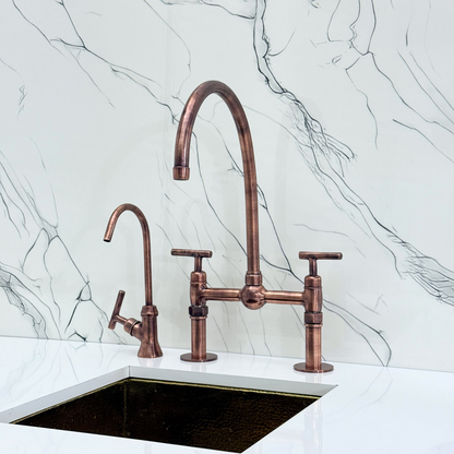 Antique Copper Bridge Faucet with Sprayer, Cold Water Faucet, Straight Legs and Lever Handles