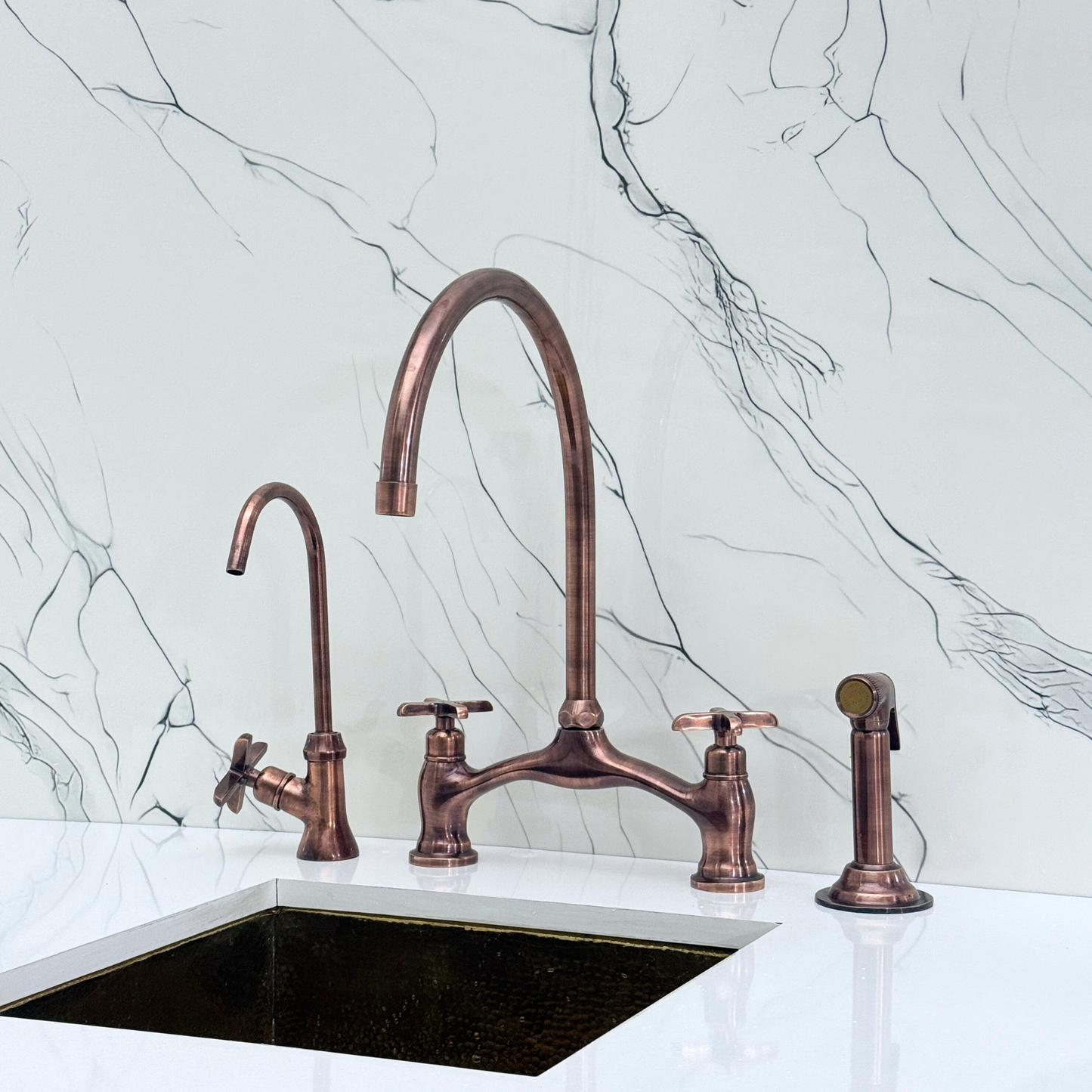 Antique Copper Kitchen Bridge Faucet with Sprayer, Drinking Water Tap and Cross Handles