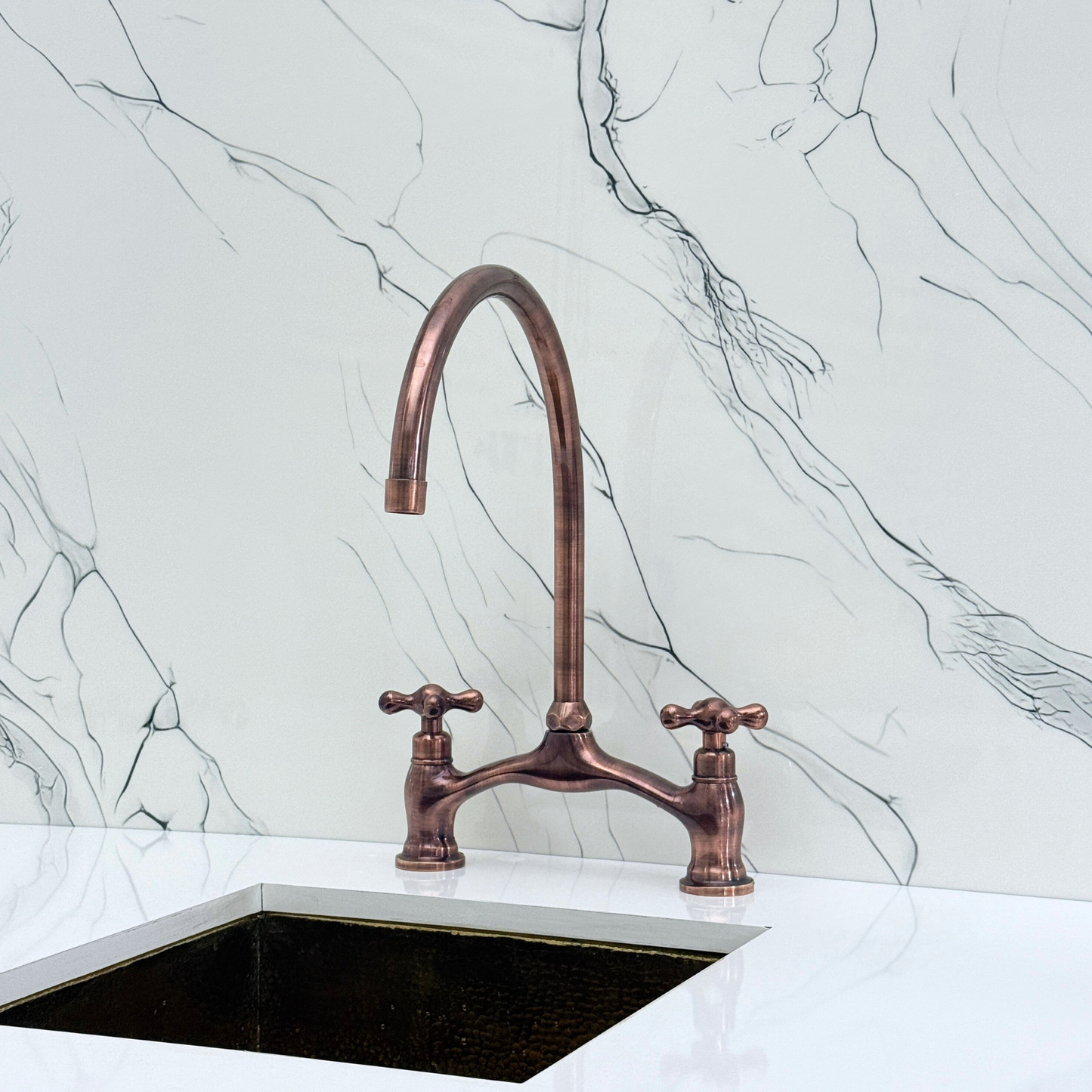 Antique Copper Kitchen Bridge Faucet with Sprayer, Drinking Water Tap and Cross Handles
