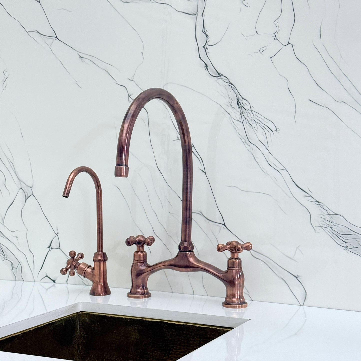 Antique Copper Kitchen Bridge Faucet with Sprayer, Drinking Water Tap and Cross Handles