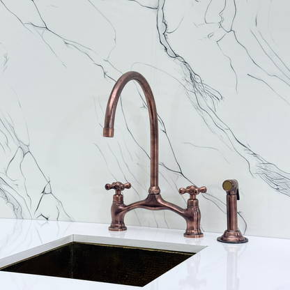 Antique Copper Kitchen Bridge Faucet with Sprayer, Drinking Water Tap and Cross Handles