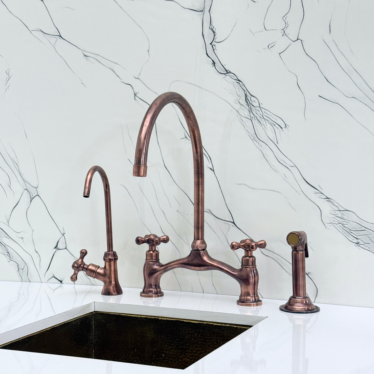 Antique Copper Kitchen Bridge Faucet with Sprayer, Drinking Water Tap and Cross Handles