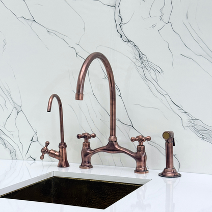 Antique Copper Kitchen Bridge Faucet with Sprayer, Drinking Water Tap and Cross Handles