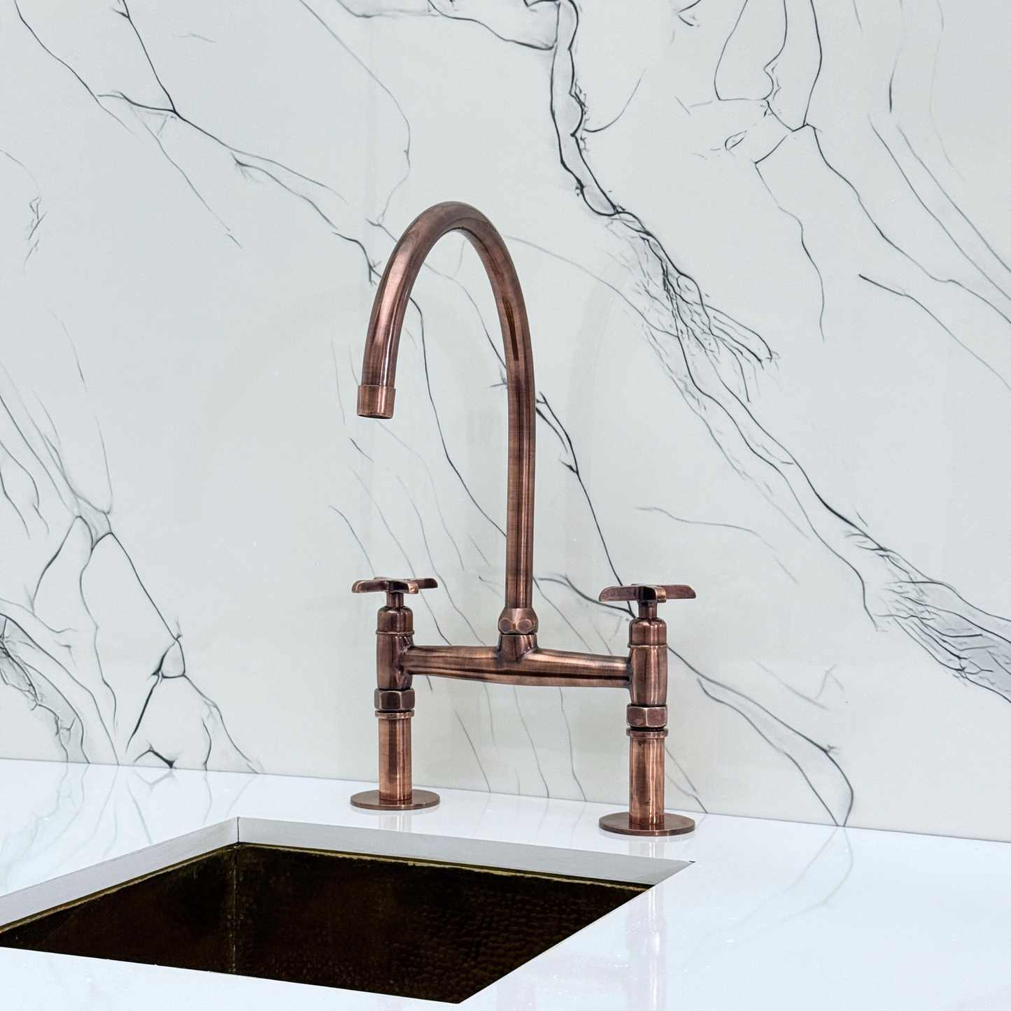 Antique Copper Bridge Faucet with Sprayer, Drinking Water Tap and Cross Handles