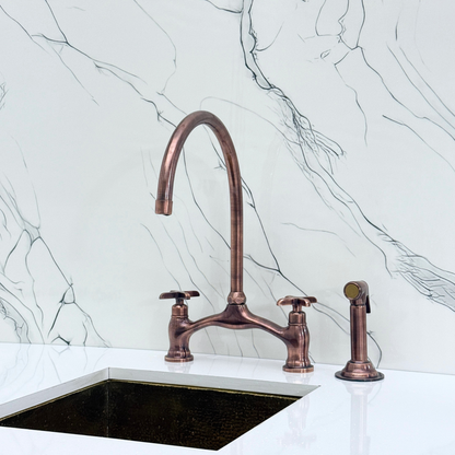 Antique Copper Kitchen Bridge Faucet with Sprayer, Drinking Water Tap and Cross Handles