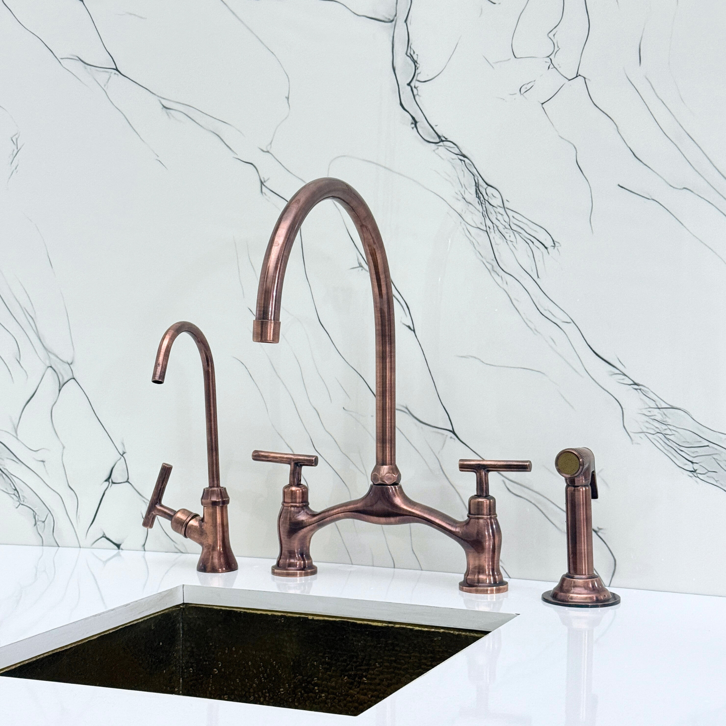 Antique Copper Kitchen Bridge Faucet with Sprayer, Drinking Water Tap and Lever Handles