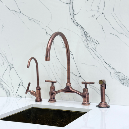 Antique Copper Kitchen Bridge Faucet with Sprayer, Drinking Water Tap and Lever Handles
