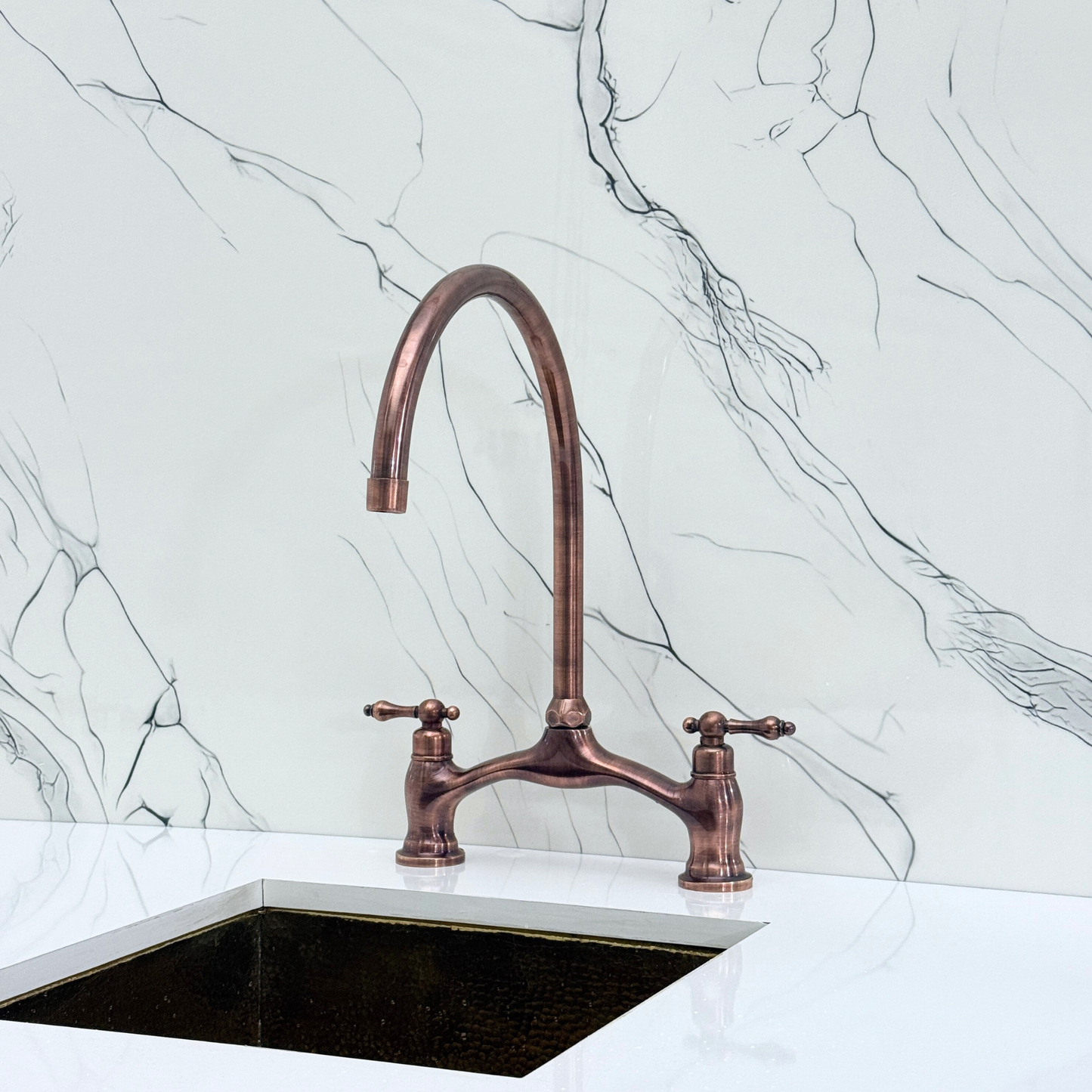 Antique Copper Kitchen Bridge Faucet with Sprayer, Drinking Water Tap and Lever Handles