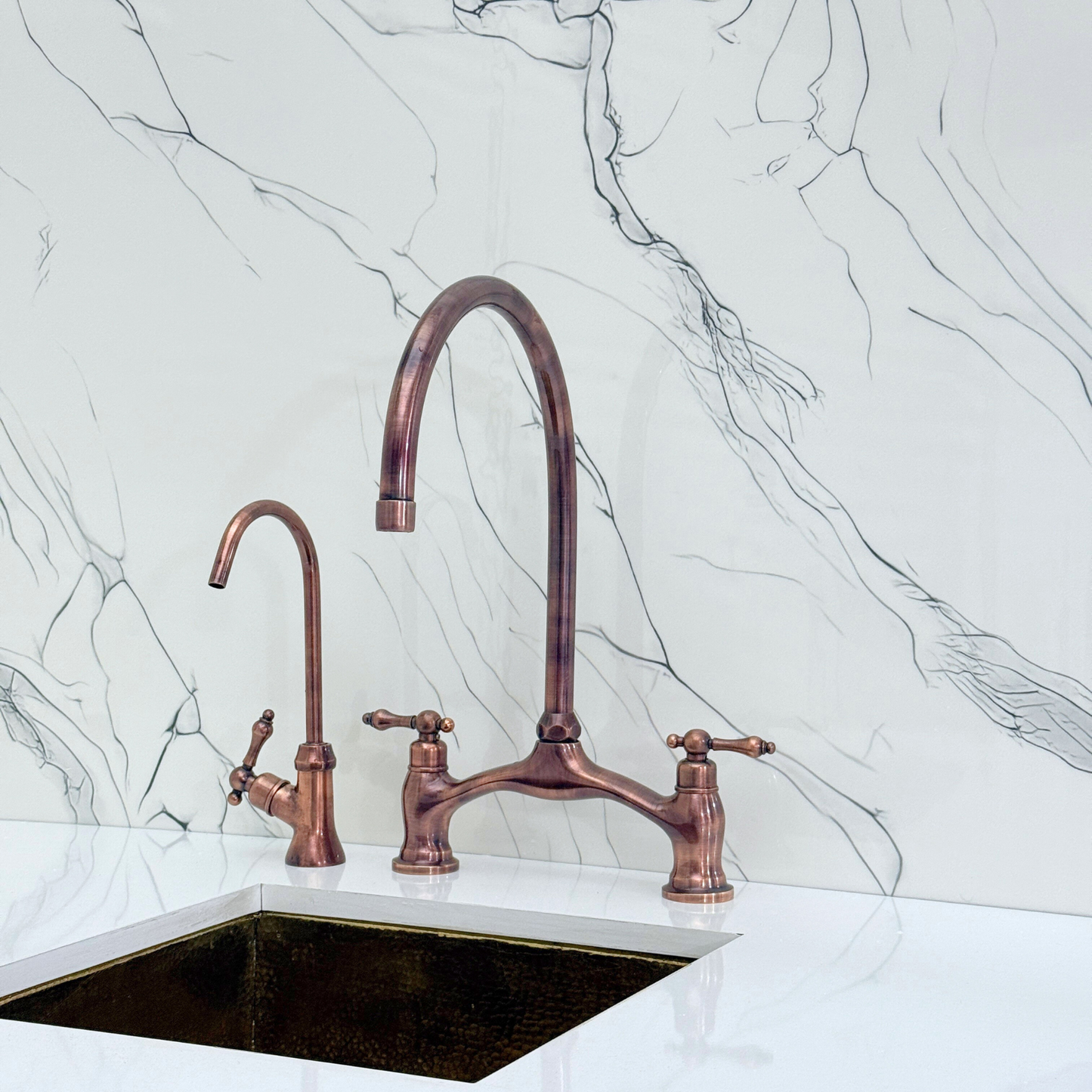 Antique Copper Kitchen Bridge Faucet with Sprayer, Drinking Water Tap and Lever Handles