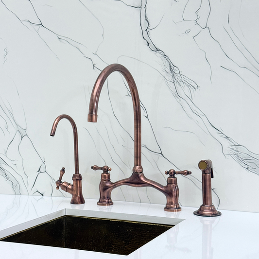 Antique Copper Kitchen Bridge Faucet with Sprayer, Drinking Water Tap and Lever Handles