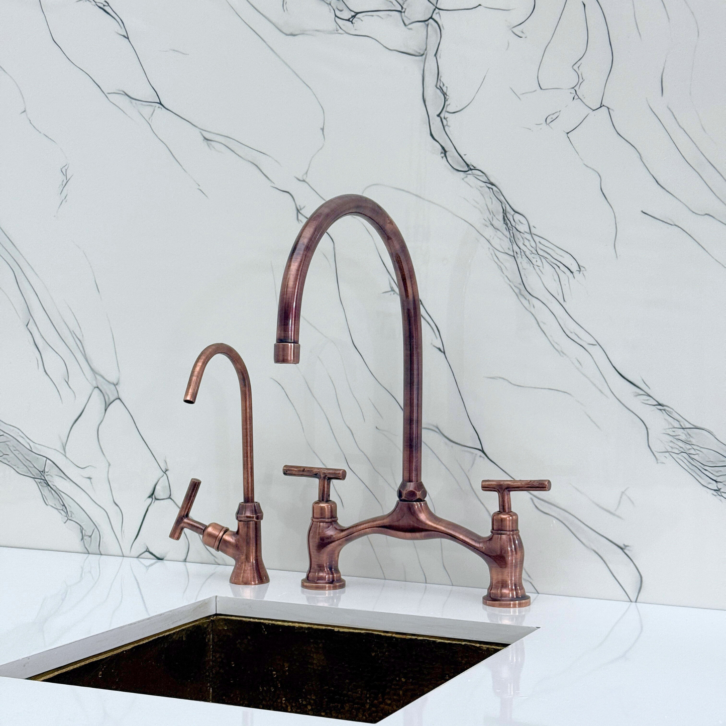 Antique Copper Kitchen Bridge Faucet with Sprayer, Drinking Water Tap and Lever Handles