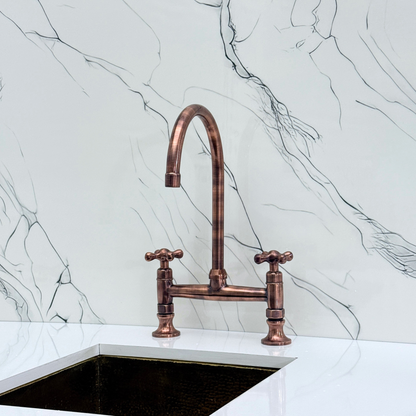 Antique Copper Bridge Kitchen Faucet with Cold Water Faucet, Sprayer, and Cross Handles
