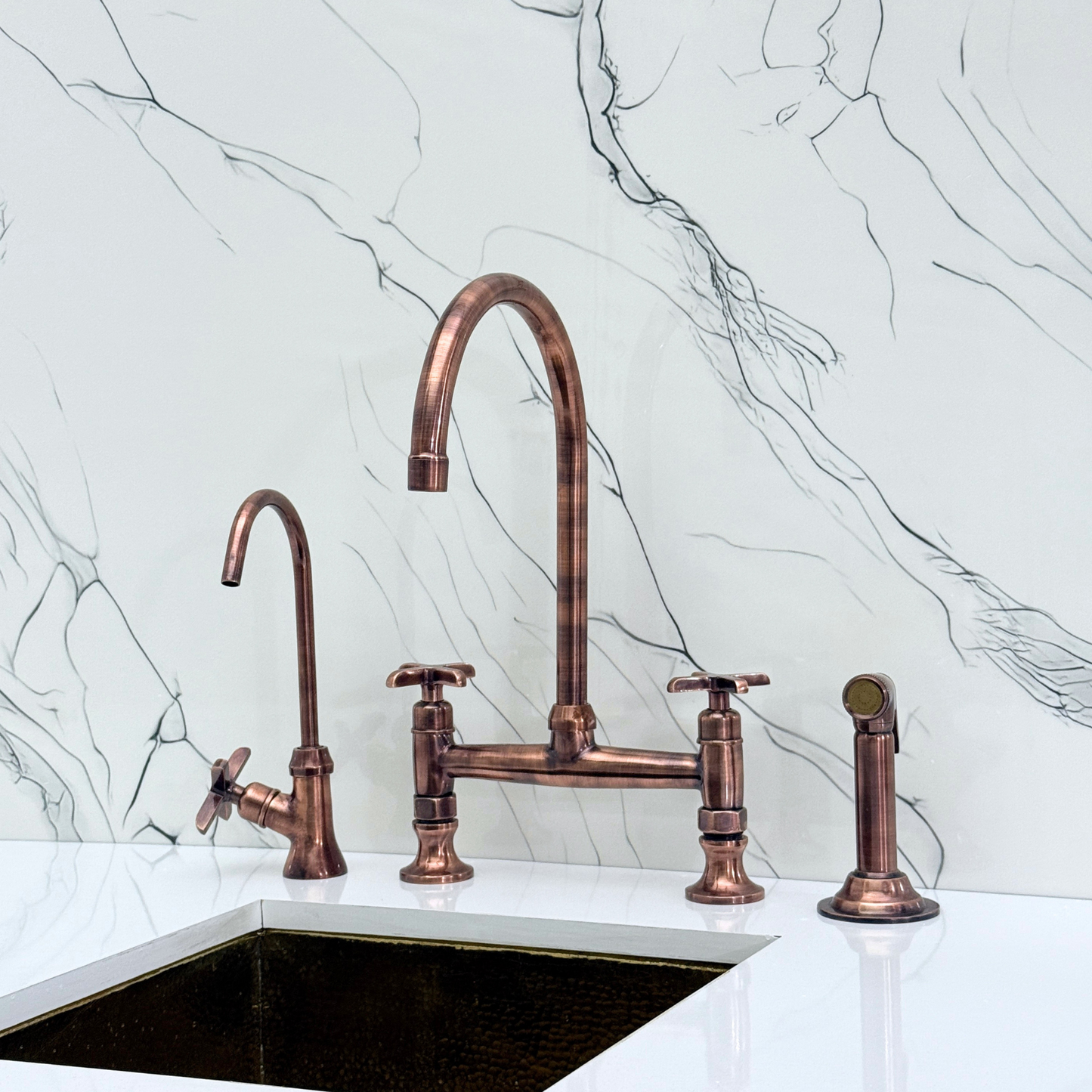 Antique Copper Bridge Kitchen Faucet with Cold Water Faucet, Sprayer, and Cross Handles