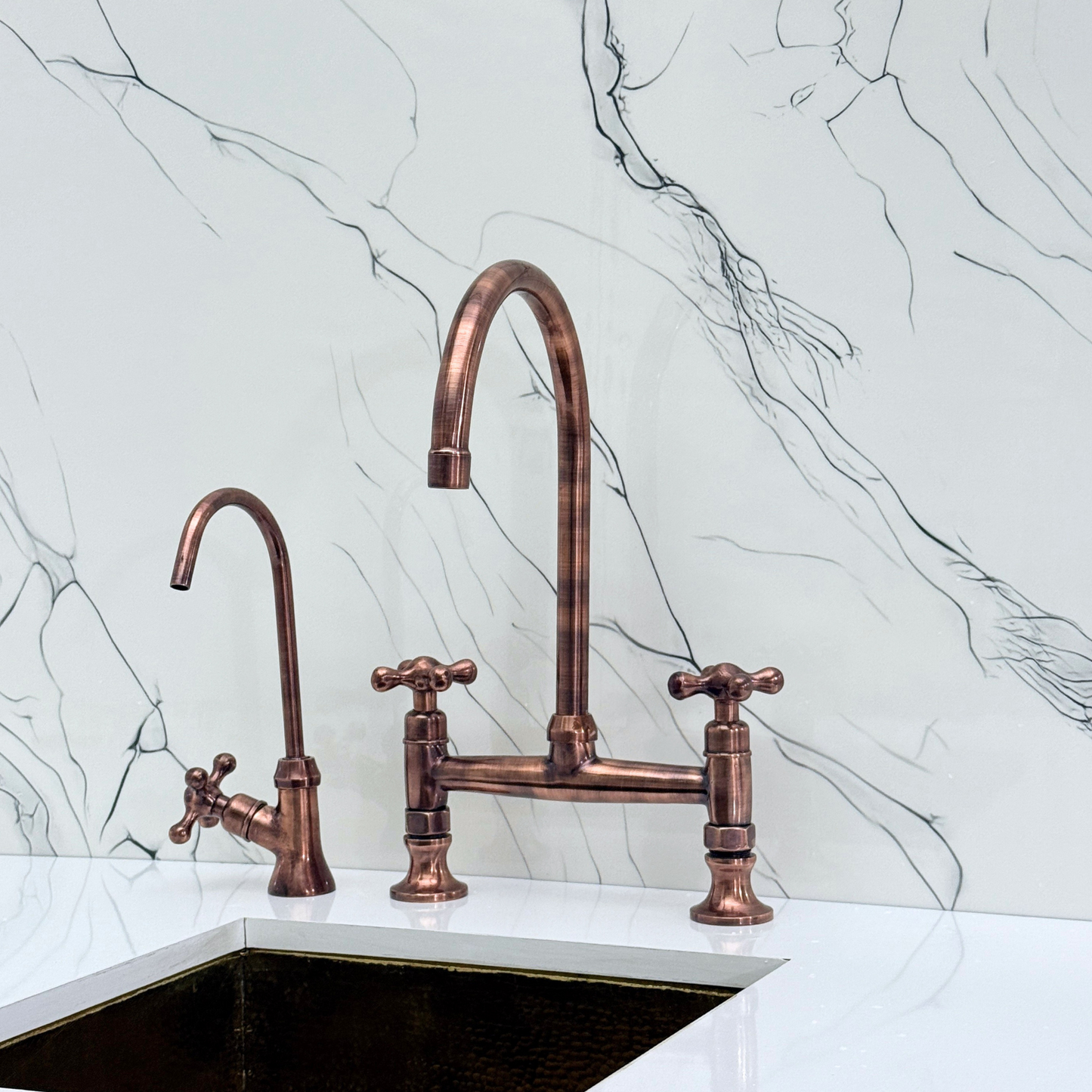 Antique Copper Bridge Kitchen Faucet with Cold Water Faucet, Sprayer, and Cross Handles