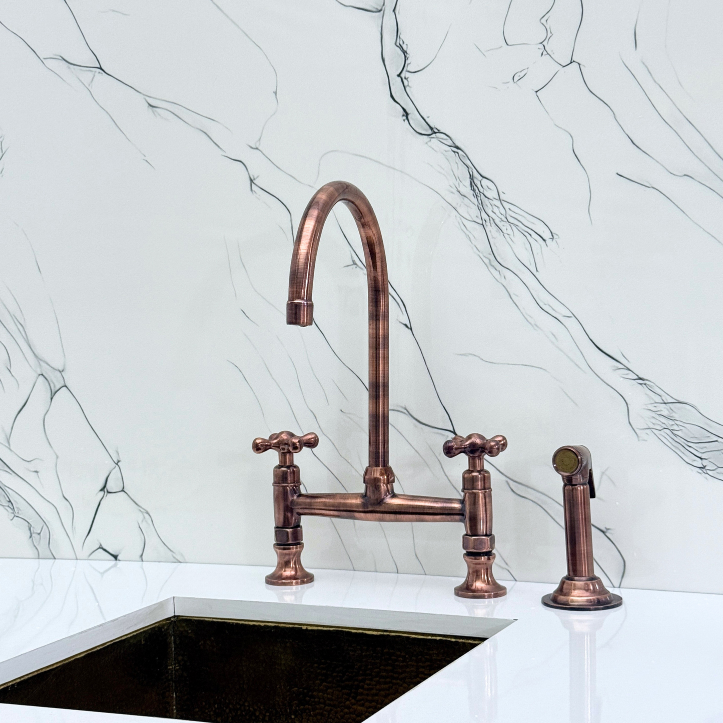 Antique Copper Bridge Kitchen Faucet with Cold Water Faucet, Sprayer, and Cross Handles