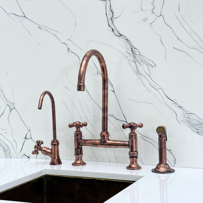 Antique Copper Bridge Kitchen Faucet with Cold Water Faucet, Sprayer, and Cross Handles