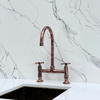 Antique Copper Bridge Kitchen Faucet with Cold Water Faucet, Sprayer, and Cross Handles