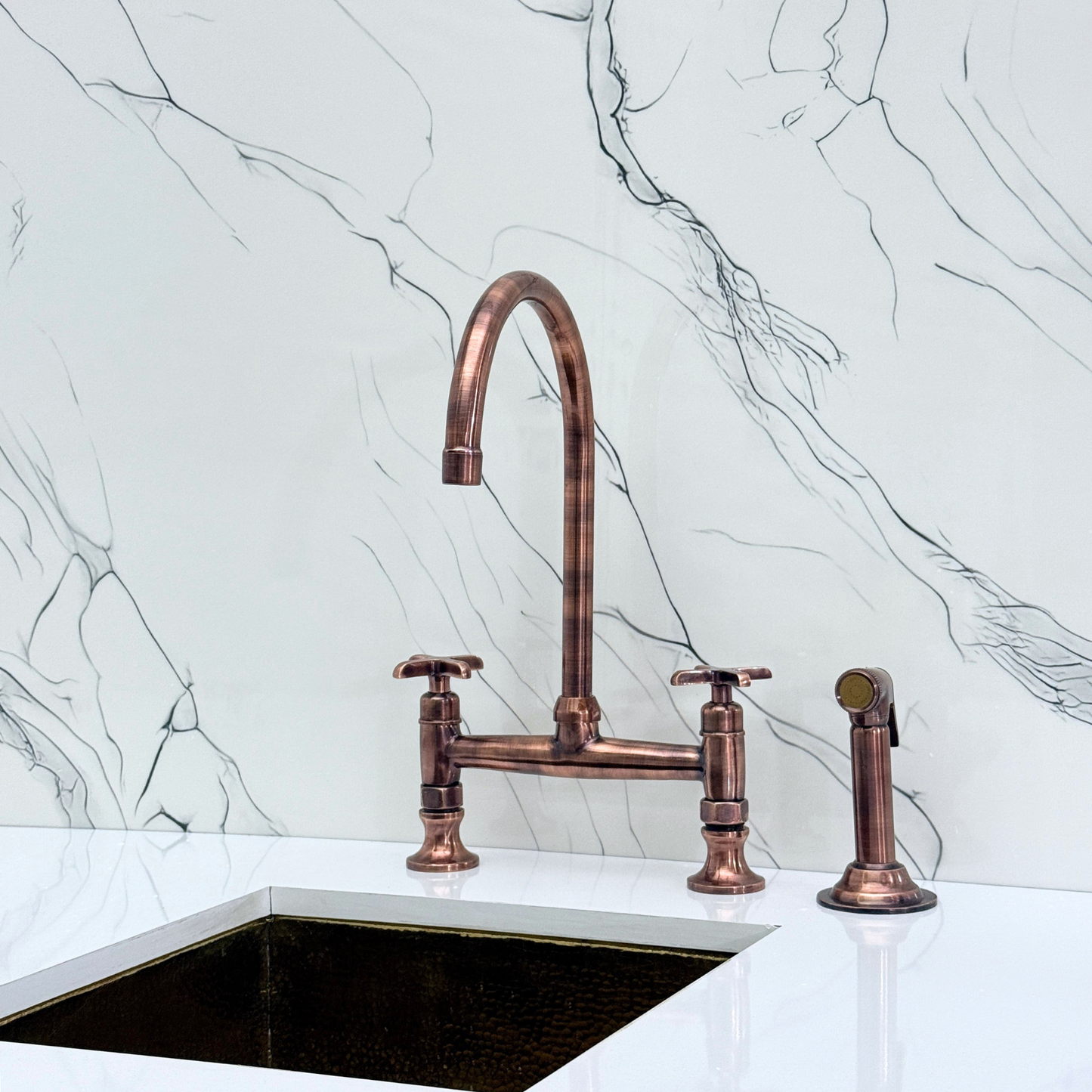 Antique Copper Bridge Kitchen Faucet with Cold Water Faucet, Sprayer, and Cross Handles