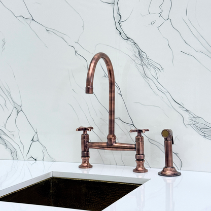 Antique Copper Bridge Kitchen Faucet with Cold Water Faucet, Sprayer, and Cross Handles