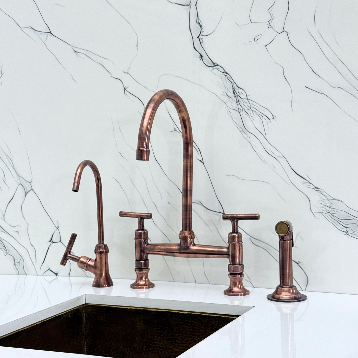 Antique Copper Bridge Kitchen Faucet with Cold Water Faucet, Sprayer, and Lever Handles
