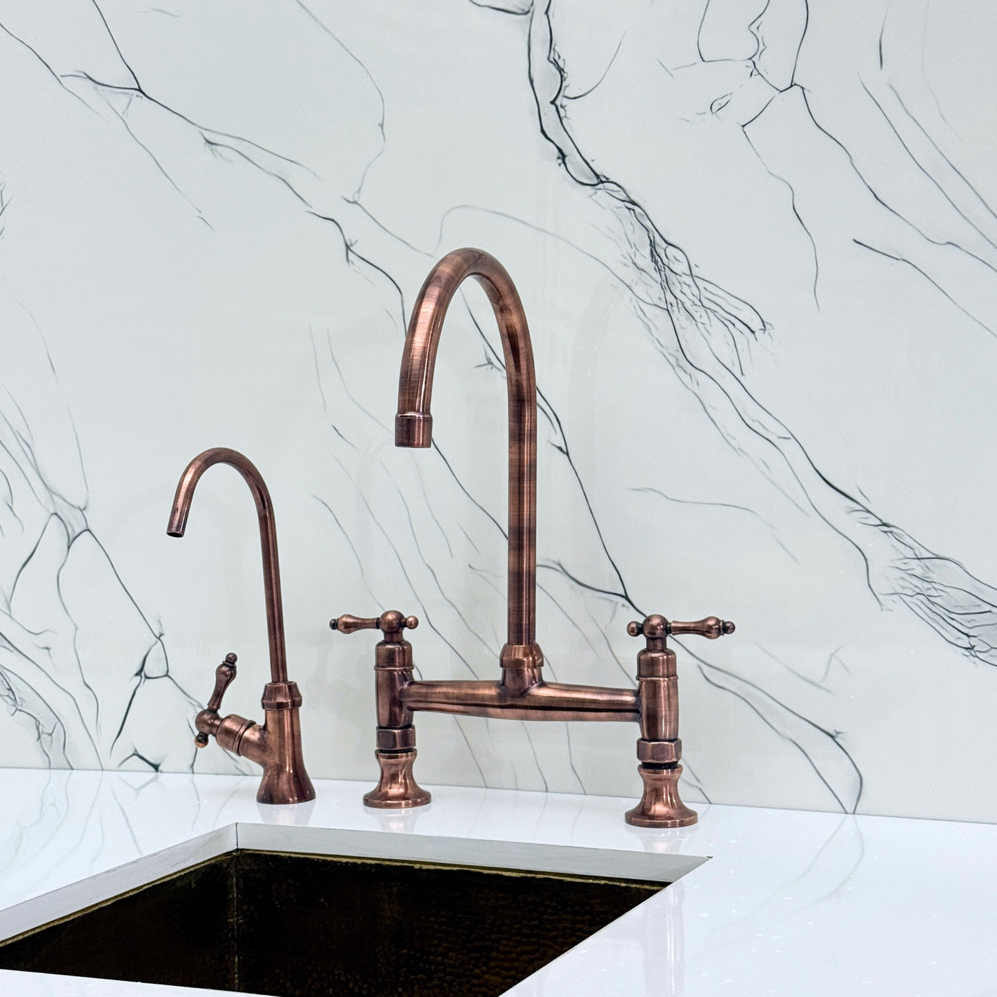 Antique Copper Bridge Kitchen Faucet with Cold Water Faucet, Sprayer, and Lever Handles