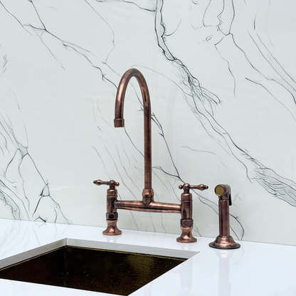 Antique Copper Bridge Kitchen Faucet with Cold Water Faucet, Sprayer, and Lever Handles