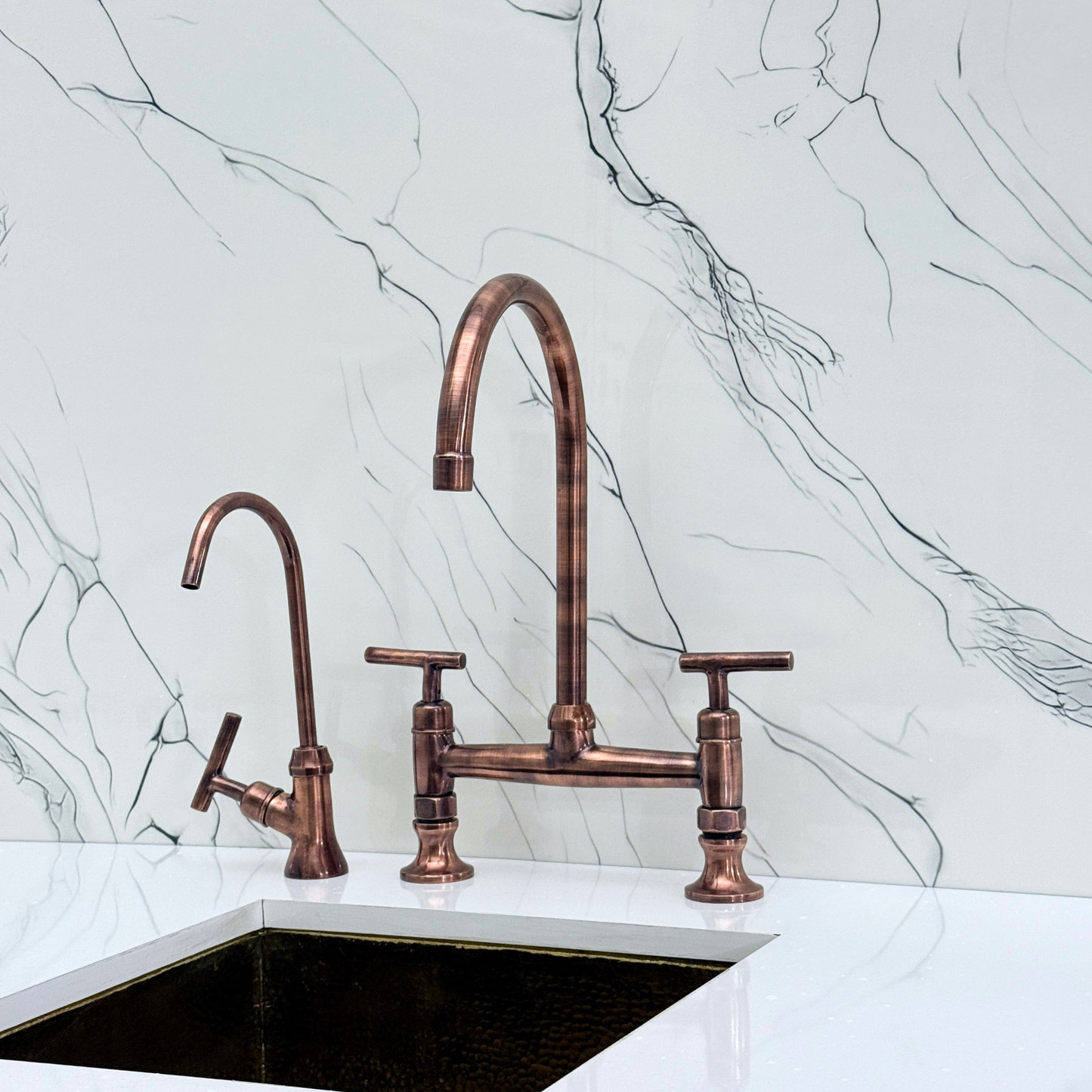 Antique Copper Bridge Kitchen Faucet with Cold Water Faucet, Sprayer, and Lever Handles