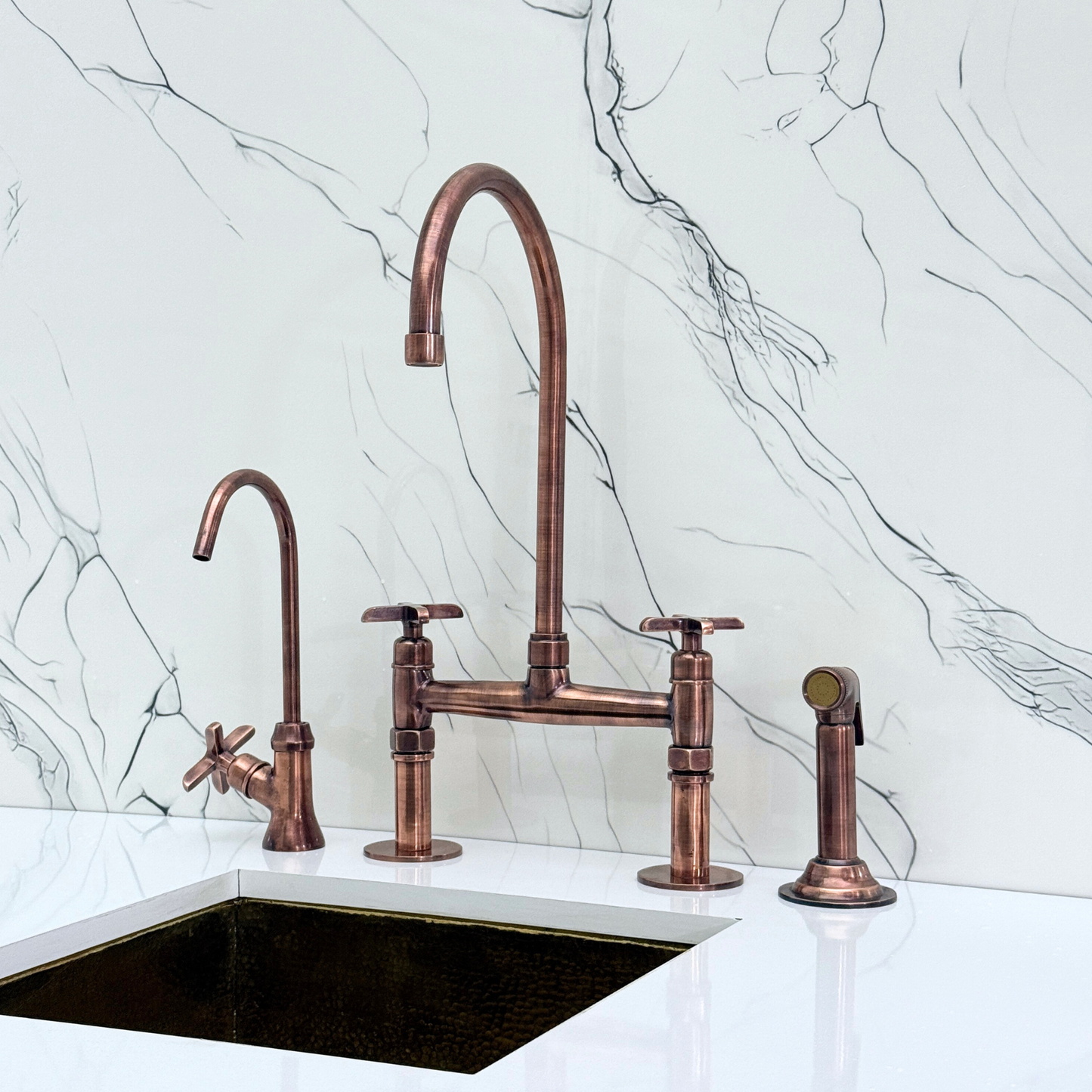 Antique Copper Kitchen Bridge Faucet with Sprayer, Cold Water Faucet and Cross Handles