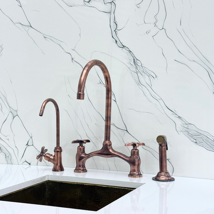 Antique Copper Kitchen Bridge Faucet with Drinking Water Tap, Sprayer, and Cross Handles