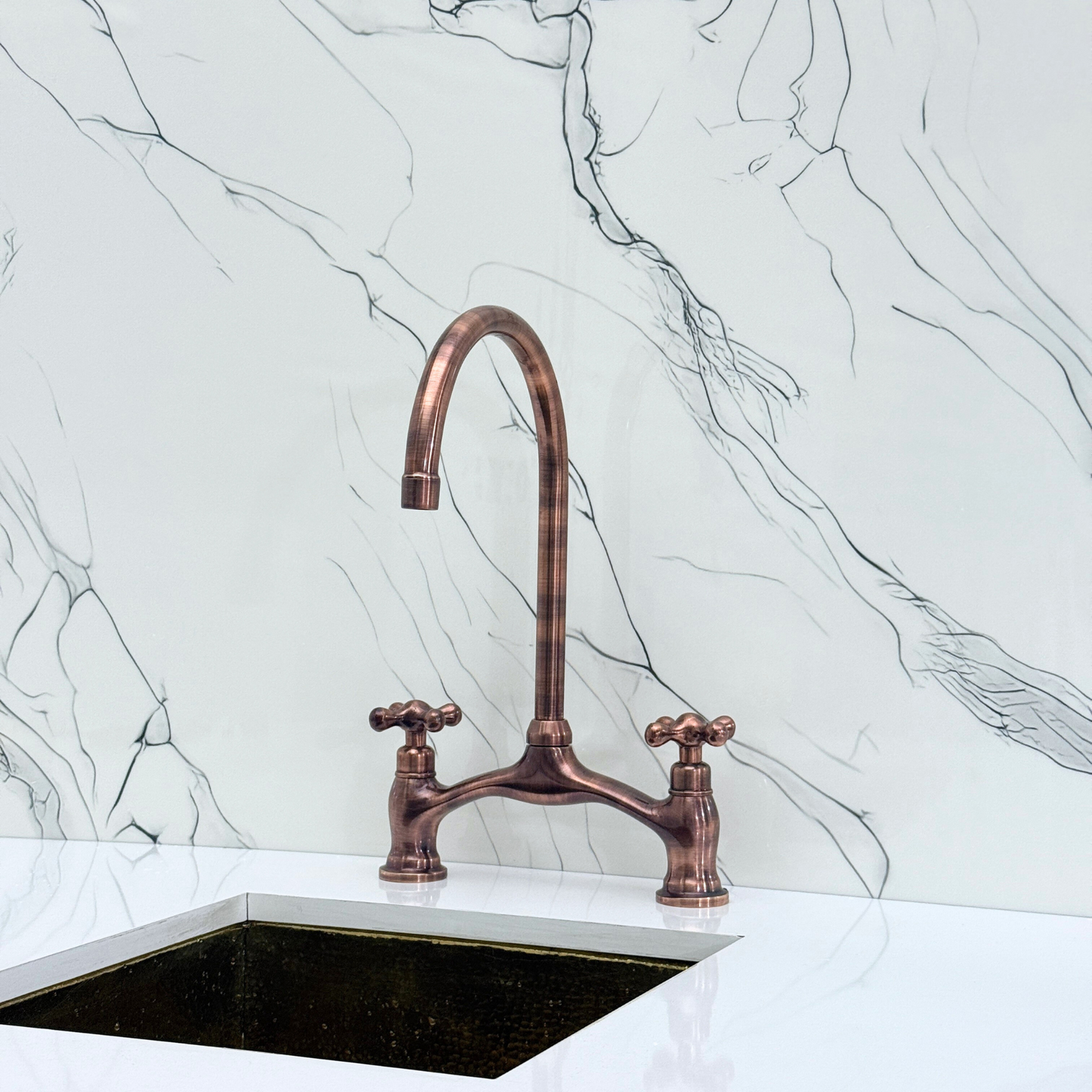Antique Copper Kitchen Bridge Faucet with Drinking Water Tap, Sprayer, and Cross Handles