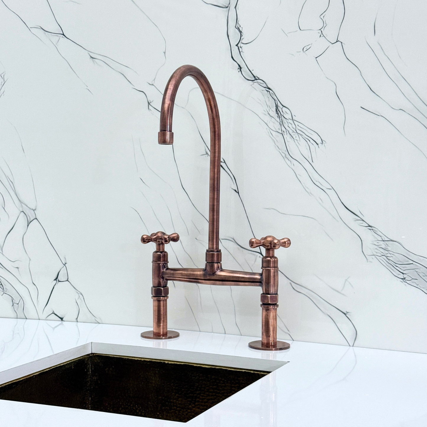 Antique Copper Kitchen Bridge Faucet with Sprayer, Cold Water Faucet and Cross Handles