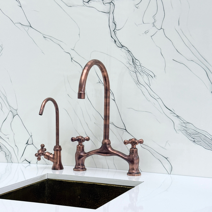 Antique Copper Kitchen Bridge Faucet with Drinking Water Tap, Sprayer, and Cross Handles